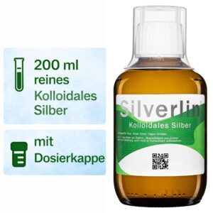 Eine 200 ml Braunglasflasche Silverlin® Kolloidales Silber neben einer schematischen Übersicht der Inhaltsstoffe vor neutralem Hintergrund.