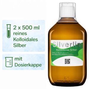 Zwei 500 ml Braunglasflaschen Silverlin® Kolloidales Silber nebeneinander als Vorratsduo vor neutralem Hintergrund.