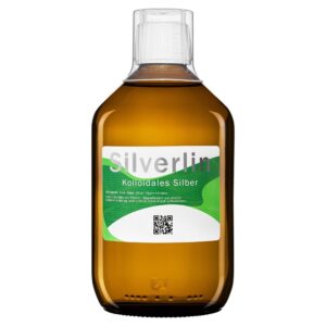 SGroße 500ml Braunglasflasche Silverlin® Kolloidales Silber auf hellem Hintergrund.