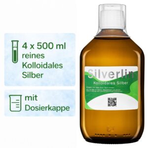 Vier 500 ml Braunglasflaschen Silverlin® Kolloidales Silber nebeneinander als Vorratspaket vor neutralem Hintergrund.