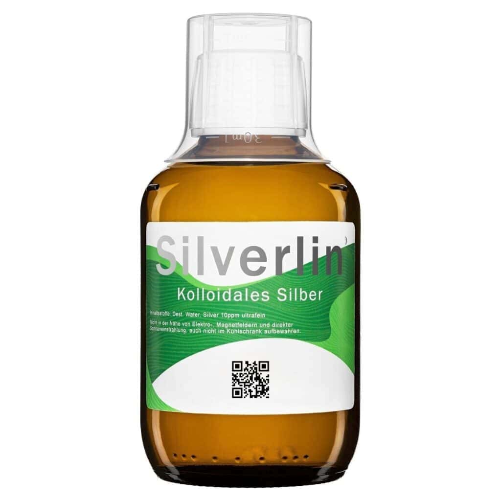 Silverlin® Kolloidales Silber in der 200ml Braunglasflasche auf hellem Hintergrund.
