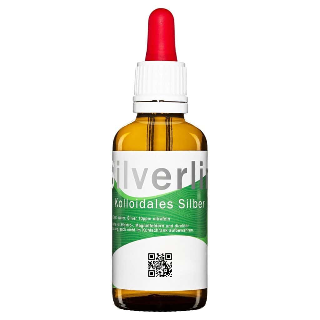Braunglasflasche mit Pipettenaufsatz für Silverlin® Kolloidales Silber auf hellem Hintergrund.