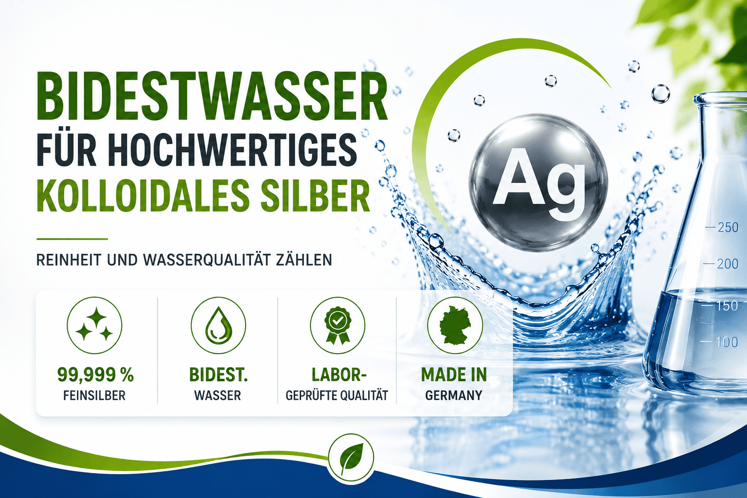 Silverlin® Grafik mit der Aufschrift Bidestwasser für hochwertiges Kolloidales Silber vor fließendem Wasser, Chemieflasche und Silber-Element-Symbol.