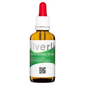 Braunglasflasche mit Pipettenaufsatz für Silverlin® Kolloidales Silber auf hellem Hintergrund.