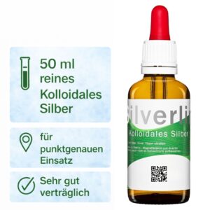 Braunglasflasche mit Pipettenaufsatz für Silverlin® Kolloidales Silber auf hellem Hintergrund.