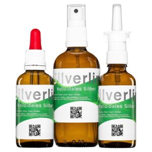 Silverlin® Kolloidales Silber Reiseset mit Braunglasflaschen und Sprühaufsätzen auf hellem Hintergrund.