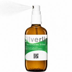 Flasche mit Silberspray auf hellem Hintergrund mit aufgedruckter Produktbezeichnung.