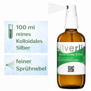 Braunglas-Sprühflasche mit Sprühaufsatz für Silverlin® Kolloidales Silber neben einer transparenten Darstellung der enthaltenen Silberlösung.