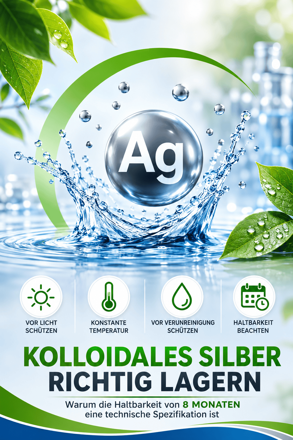Infografik zur richtigen Lagerung von Silverlin® Kolloidales Silber mit Hinweisen zu Lichtschutz, konstanter Temperatur, Schutz vor Verunreinigung und Haltbarkeit.