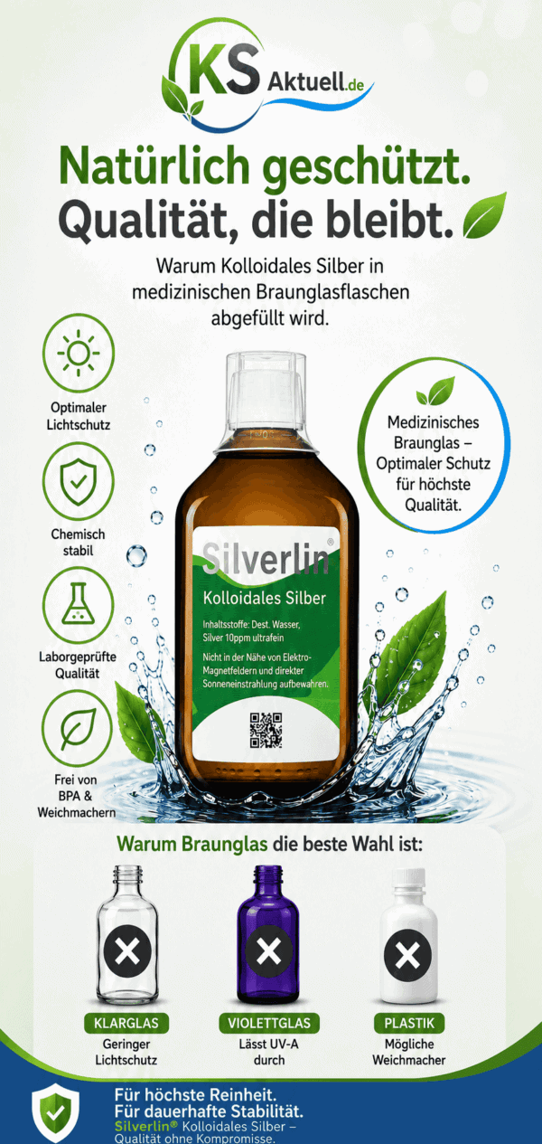 Eine Braunglasflasche Silverlin® Kolloidales Silber mit dunklem Schraubverschluss auf hellem Hintergrund.