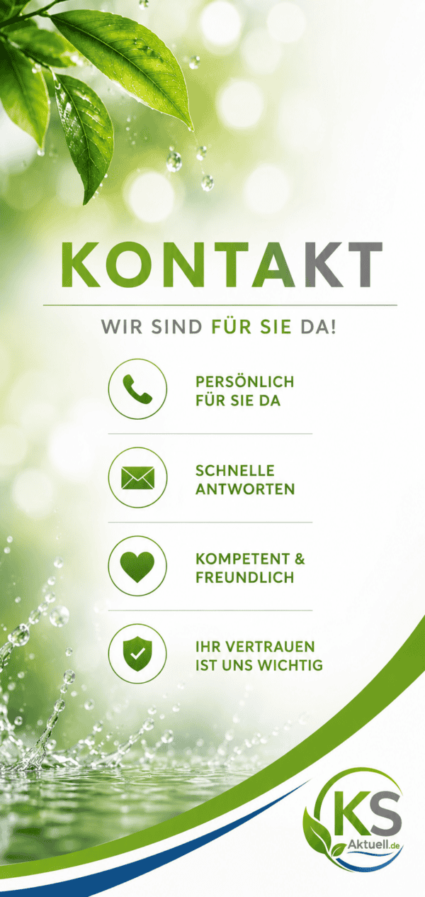 Kontakt-Banner mit der Aufschrift „Kontakt – Wir sind für Sie da!“, Icons für Service, grünen Blättern, Wassertropfen und dem KS Aktuell Logo.