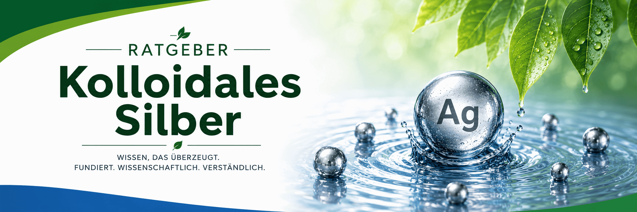Ratgeber-Banner zu Kolloidales Silber von Silverlin mit Wassertropfen und Ag-Symbol