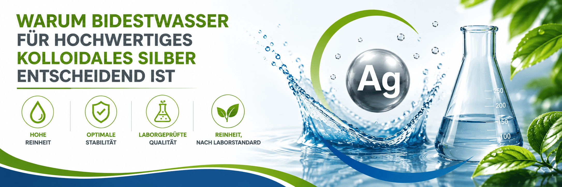 Grafik von Silverlin zur Bedeutung von reinem Bidestwasser für hochwertiges kolloidales Silber mit hoher Stabilität und laborgeprüfter Qualität.