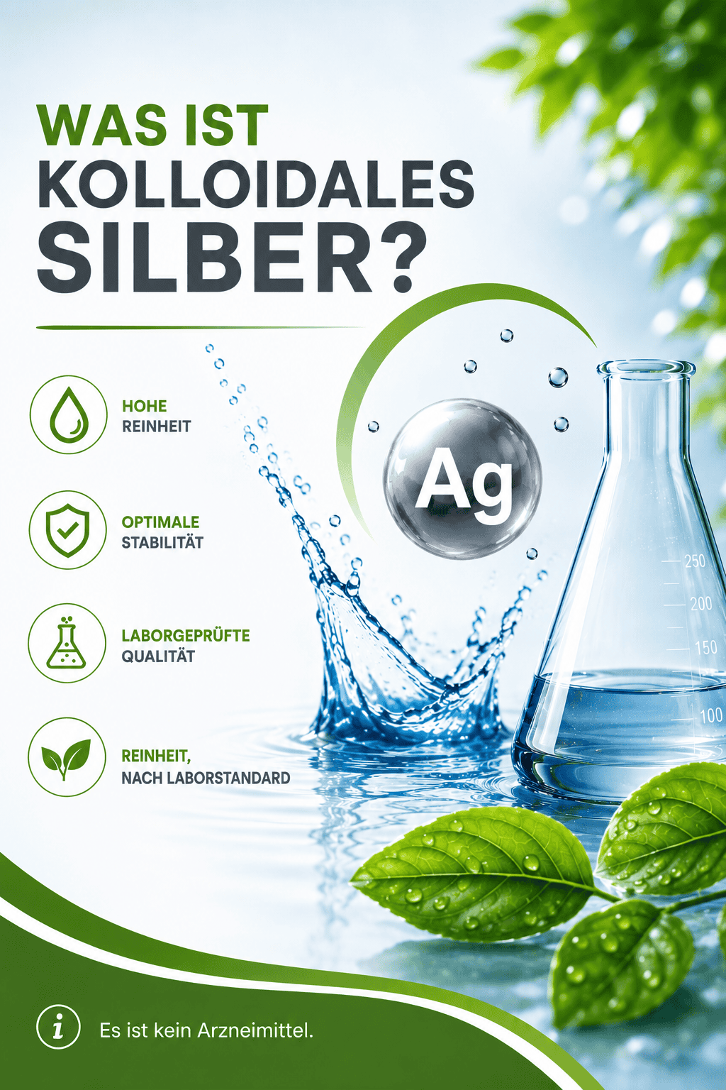 Infografik „Was ist Kolloidales Silber?“ mit Silberkugel „Ag“, Laborkolben, Wasserspritzern, grünen Blättern und dem Hinweis „Es ist kein Arzneimittel“.