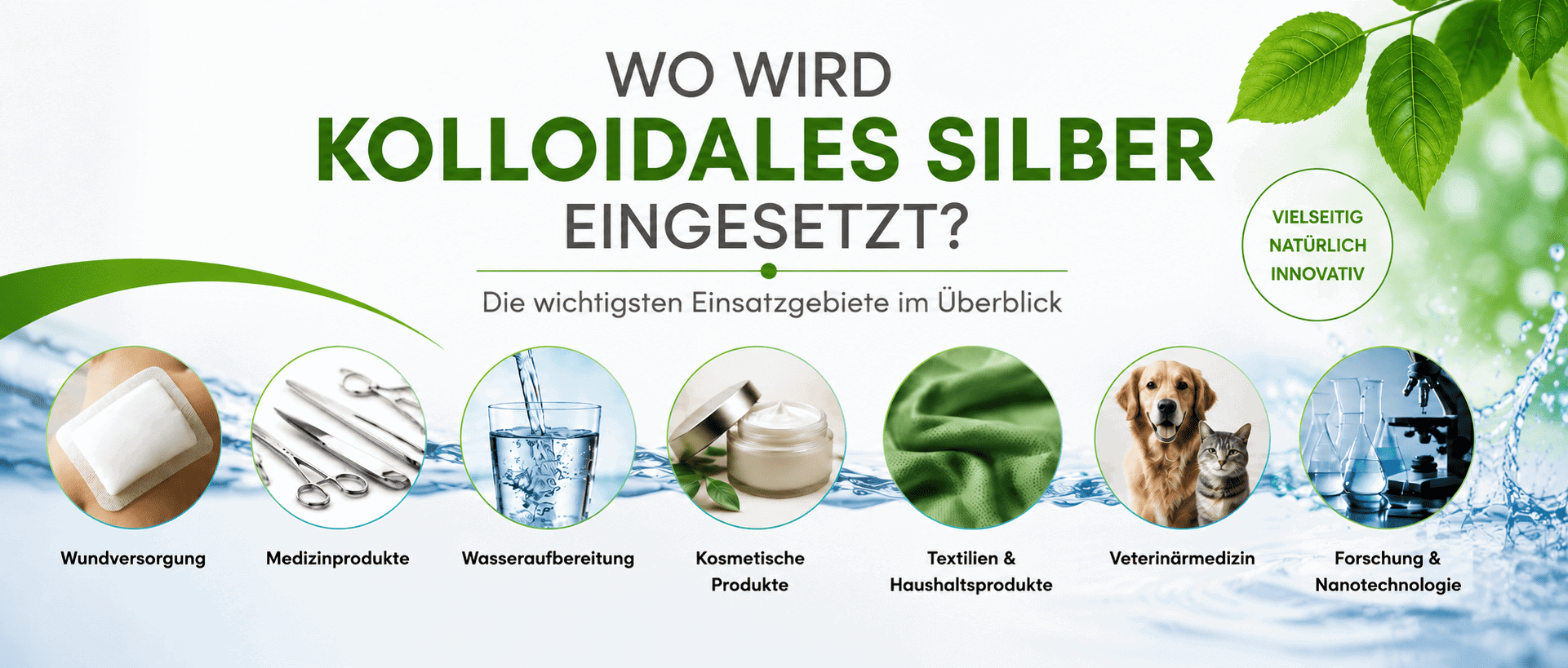 Übersicht der vielseitigen Anwendungsbereiche von Silverlin kolloidalem Silber in Premium-Qualität