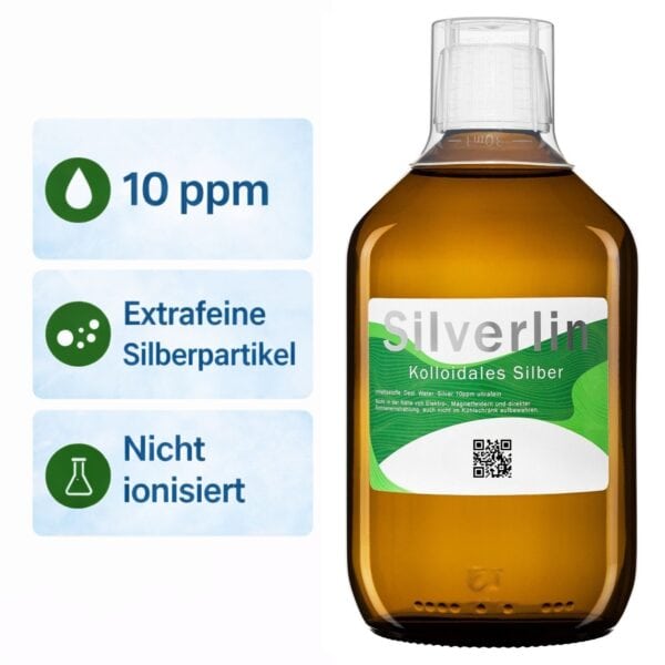Eine 500 ml Braunglasflasche Silverlin® Kolloidales Silber mit 10 ppm Konzentrationsangabe auf dem Etikett vor neutralem Hintergrund.