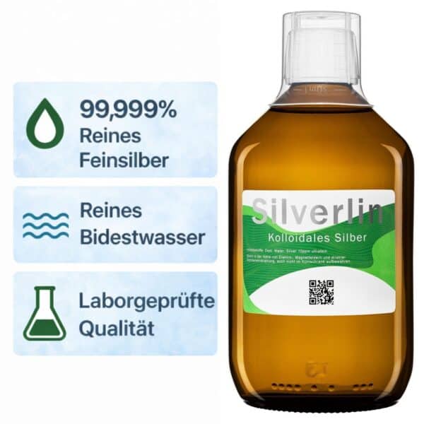 Eine 500 ml Braunglasflasche Silverlin® Kolloidales Silber mit Kennzeichnung der Feinsilber-Reinheit von 99,999 Prozent auf dem Etikett vor neutralem Hintergrund.