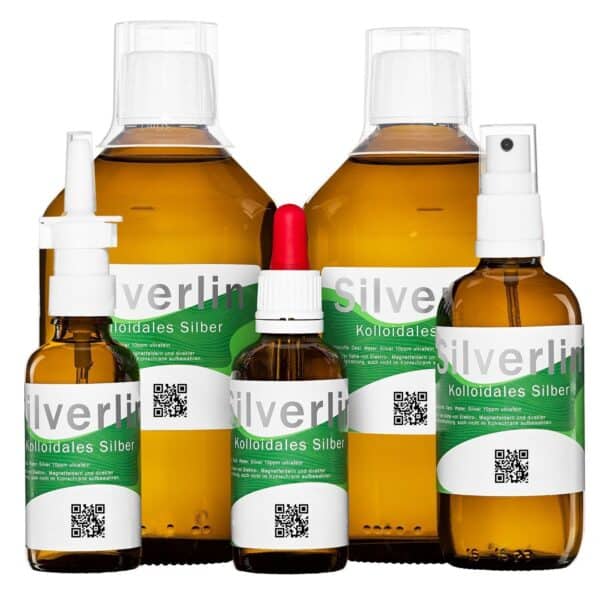 Silverlin® Kolloidales Silber Comfortset Plus mit mehreren Braunglasflaschen und verschiedenen Sprühaufsätzen auf hellem Hintergrund.