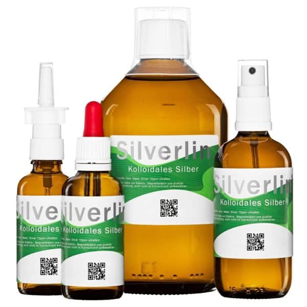 Silverlin® Kolloidales Silber Comfortset mit Braunglasflaschen und verschiedenen Dosieraufsätzen auf hellem Hintergrund.