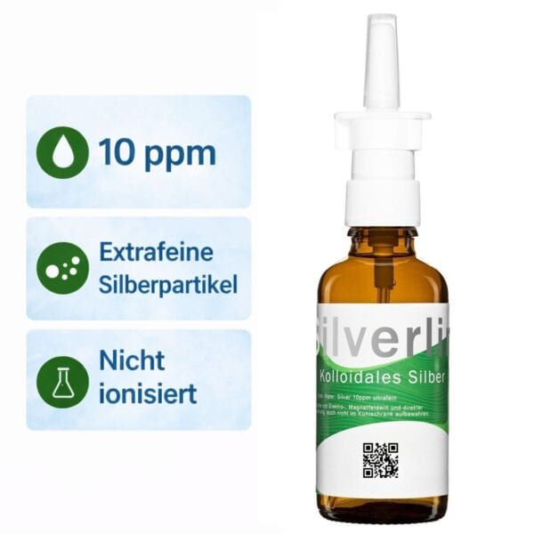 Braunglasflasche mit speziellem Nasenzerstäuber-Aufsatz für Silverlin® Kolloidales Silber mit sichtbarer Kennzeichnung der Konzentration von 10 ppm.