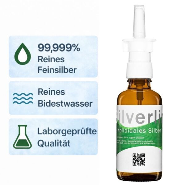 Braunglasflasche mit Nasensprüher-Aufsatz für Silverlin® Kolloidales Silber mit Kennzeichnung des Feinsilber-Reinheitsgrads von 99,999 Prozent.