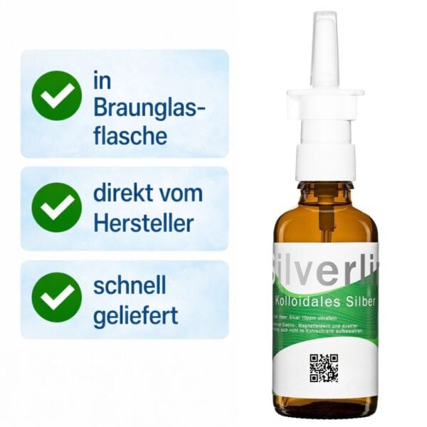 Braunglasflasche mit speziellem Nasenzerstäuber-Aufsatz für Silverlin® Kolloidales Silber mit Fokus auf Herstellerangaben und Qualitätszertifizierung.