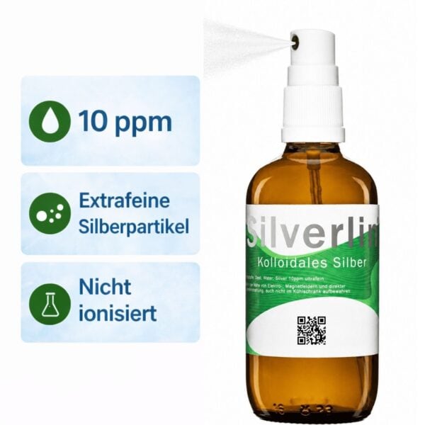Braunglas-Sprühflasche für Silverlin® Kolloidales Silber mit deutlich sichtbarer 10 ppm Konzentrationsangabe auf dem Etikett.