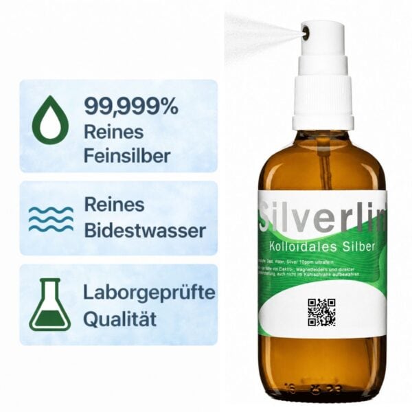 Braunglas-Sprühflasche für Silverlin® Kolloidales Silber mit Kennzeichnung der Feinsilber-Reinheit von 99,999 Prozent.