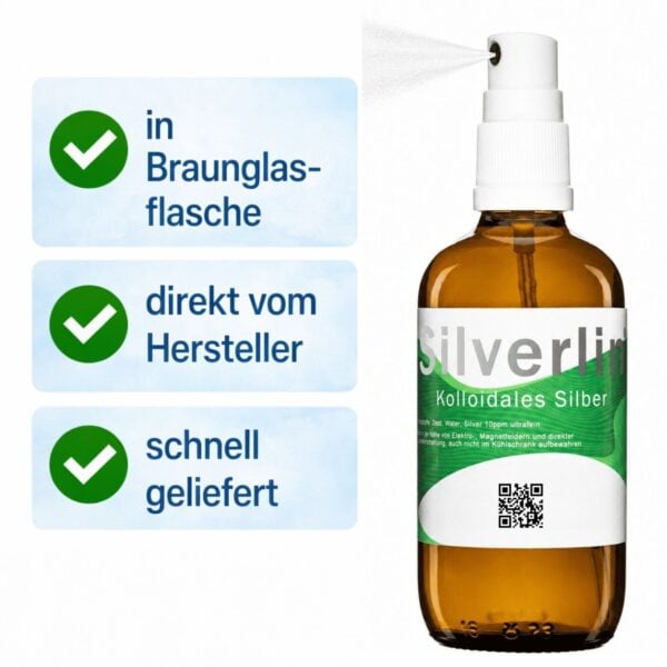 Braunglasflasche mit Sprühaufsatz für Silverlin® Kolloidales Silber vor dezentem Hintergrund mit Fokus auf Herstellerangaben und Qualitätszertifizierung.