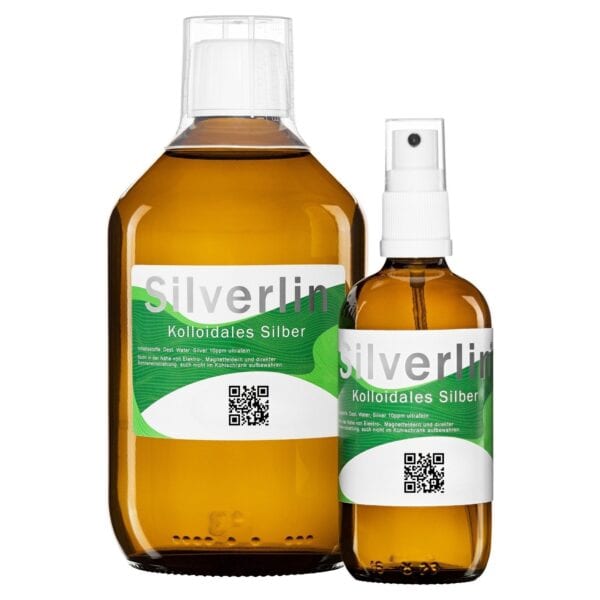 Sprühflasche mit Silberspray Plus auf weißem Hintergrund mit Produktbeschriftung.