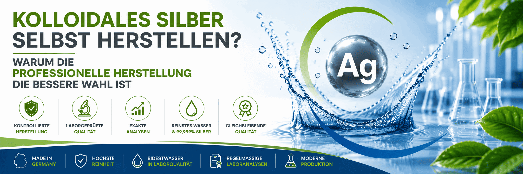 Gegenüberstellung von Heimgeräten und professioneller Qualitätsherstellung von Kolloidales Silber der Marke Silverlin mit Laborprüfungen und Bidestwasser